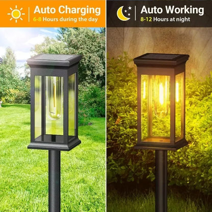 Set of two Mivoza solar pathway lanterns with filament-style design, auto on/off feature, ideal for garden lighting.