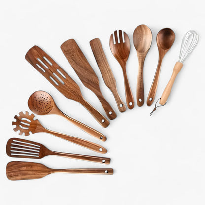 Mivoza 11-piece wooden kitchen utensil set including spoons, spatula, whisk, and holder, perfect for cooking and baking.