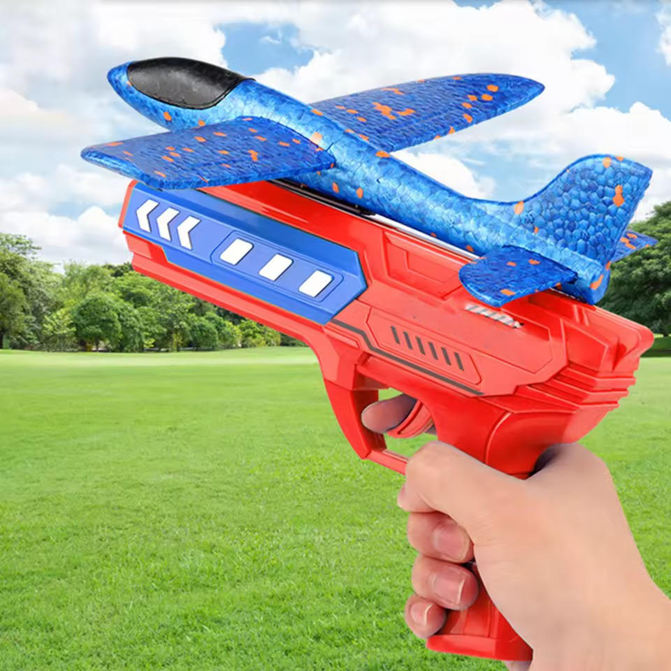 Belro flying aeroplane toy for kids, colorful plastic airplane model in mid-flight with playful design and bright colors.
