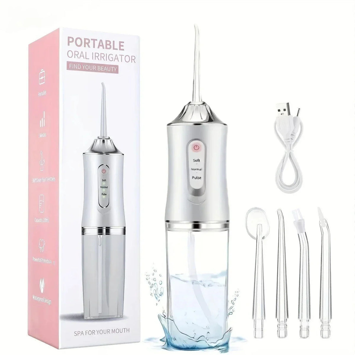 Mivoza portable water flosser with four cleaning heads and three modes, waterproof IPX7 for effective oral hygiene.