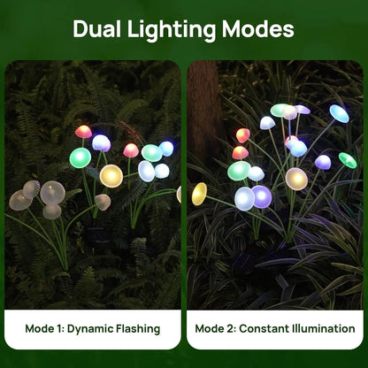 Solar Mushroom Garden Light set by Mivoza with 6 swaying heads, decorative outdoor solar stake lights for garden illumination.