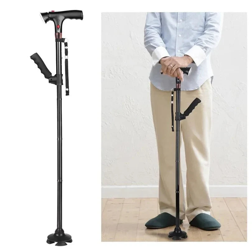 Foldable Mivoza Deutschland walking cane with LED light, adjustable height, alarm function, designed for mobility and personal safety.