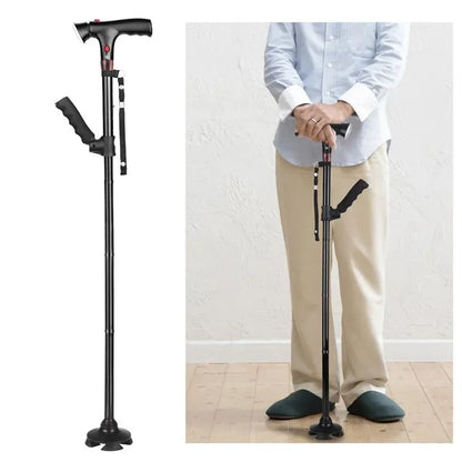 Foldable Mivoza Deutschland walking cane with LED light, adjustable height, alarm function, designed for mobility and personal safety.