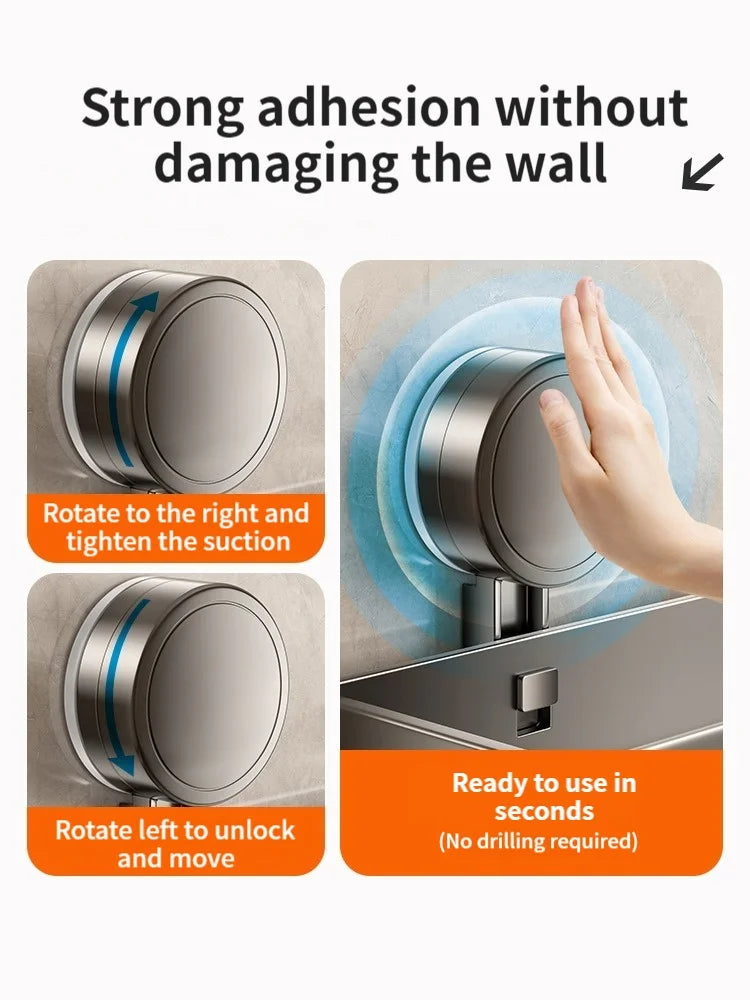 Mivoza suction cup bathroom shelf in three sizes, waterproof wall mount for shower storage, no drill required, shown mounted on tiled wall.
