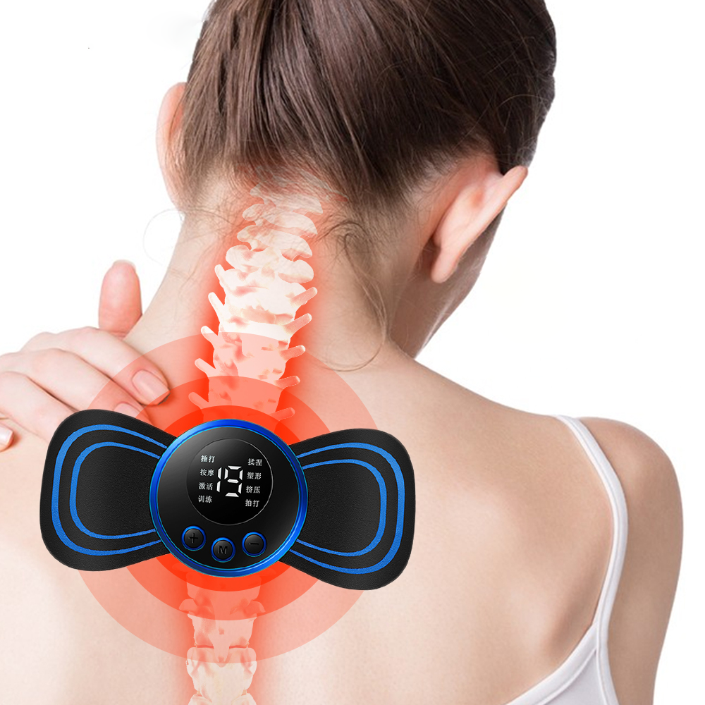 Belro electric EMS neck massager showing a compact, handheld device with adjustable straps for targeted neck relief.
