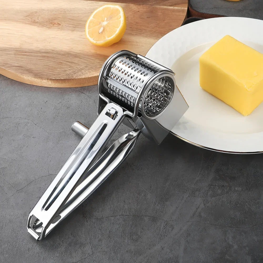 Stainless steel Mivoza rotary cheese grater with hand crank, ideal for shredding cheese and vegetables in the kitchen.