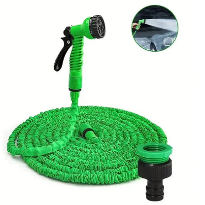 Mivoza expandable garden hose with 7-function spray gun and lightweight design, shown fully extended and in use outdoors.