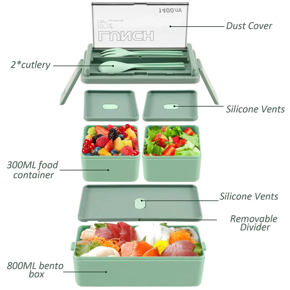 DecorsDeluxe 1400ml double layer bento lunch box with leak-proof design, includes fork and spoon, ideal for packed meals