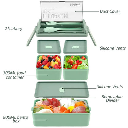 DecorsDeluxe 1400ml double layer bento lunch box with leak-proof design, includes fork and spoon, ideal for packed meals