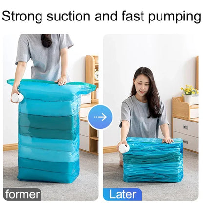 Belro durable electric vacuum compression bag for storage, showing the sealed bag with compressed clothing inside.