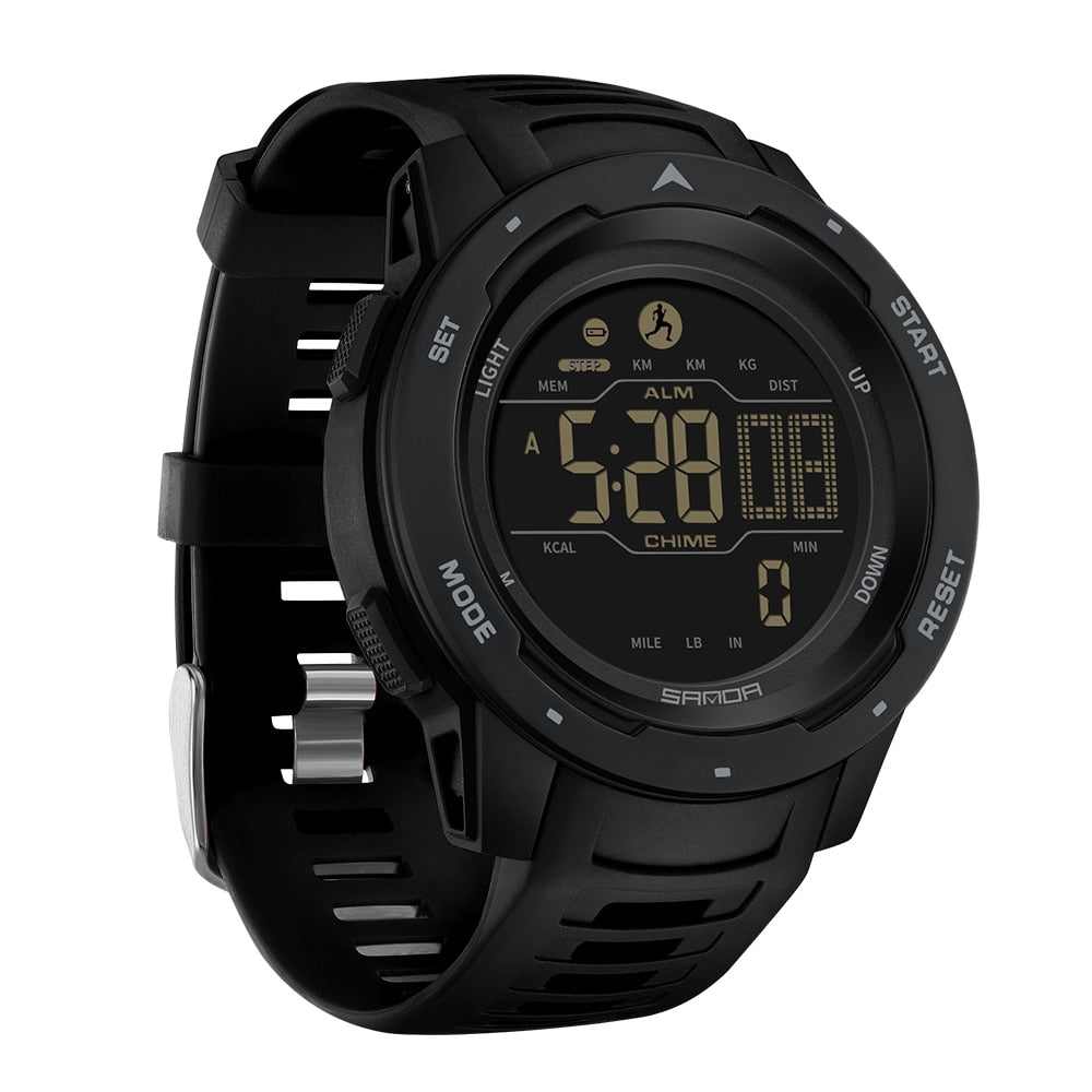 Waterproof digital military pedometer watch by BowLift showing step count, distance, and outdoor fitness tracking on a black watch face.