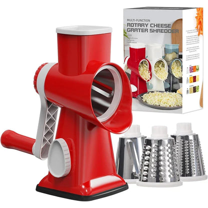 Mivoza rotary cheese grater with three interchangeable drums and easy-to-clean design, perfect for shredding cheese and vegetables.