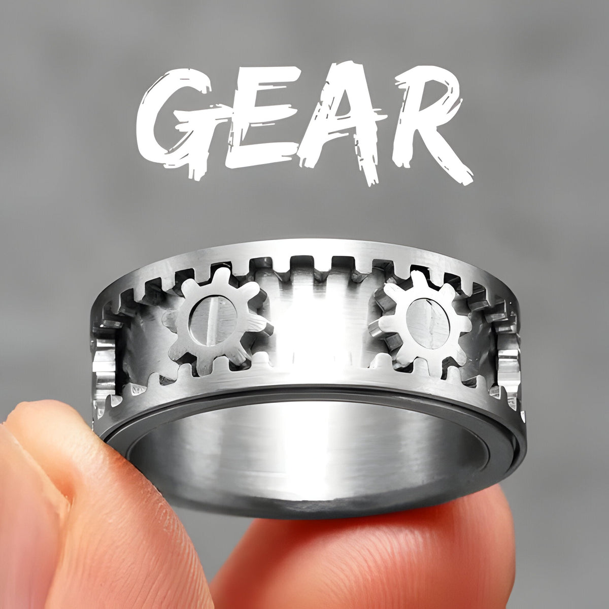 Belro Gear Spinner Ring featuring a detailed gear design, made of durable jewelry-grade metal, perfect as a stylish accessory.