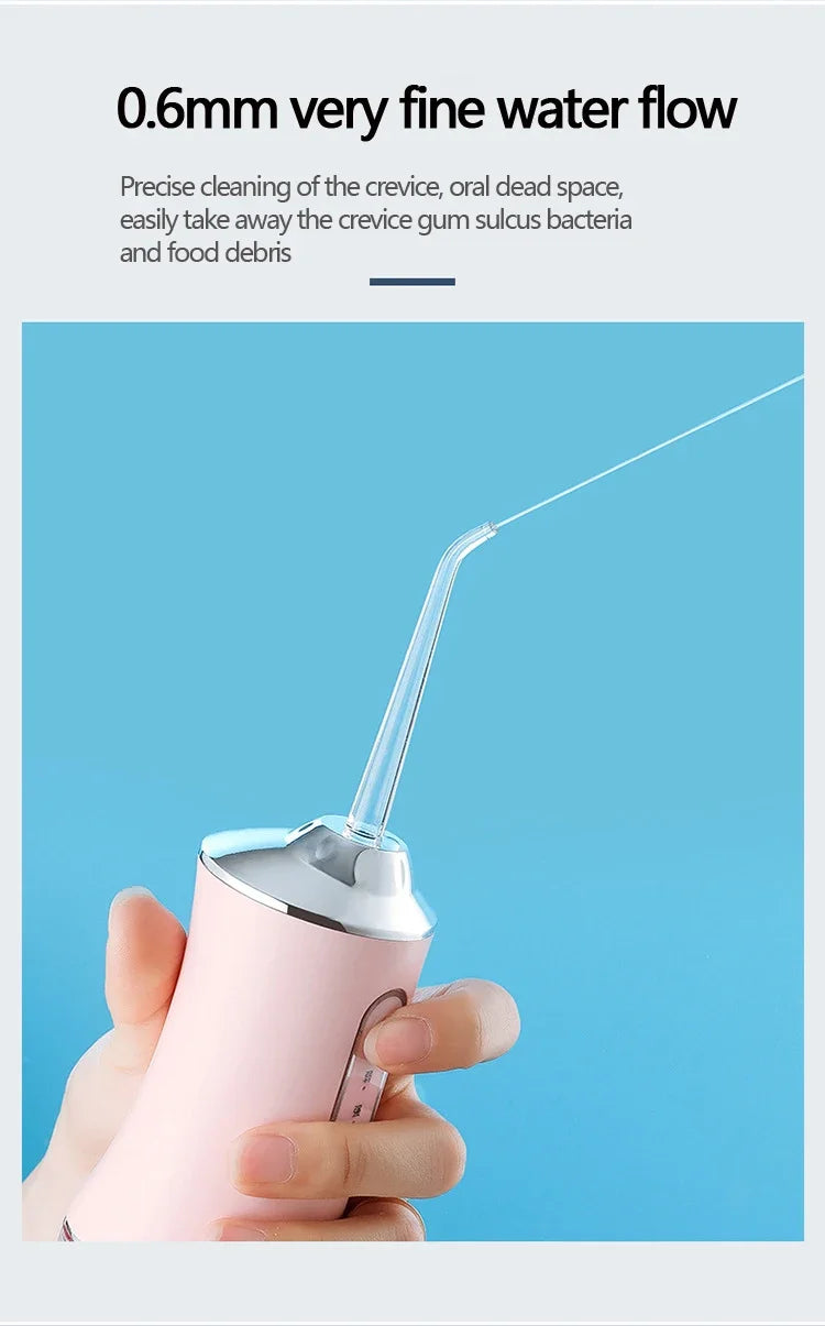 Mivoza portable water flosser with four cleaning heads and three modes, waterproof IPX7, for effective oral hygiene.