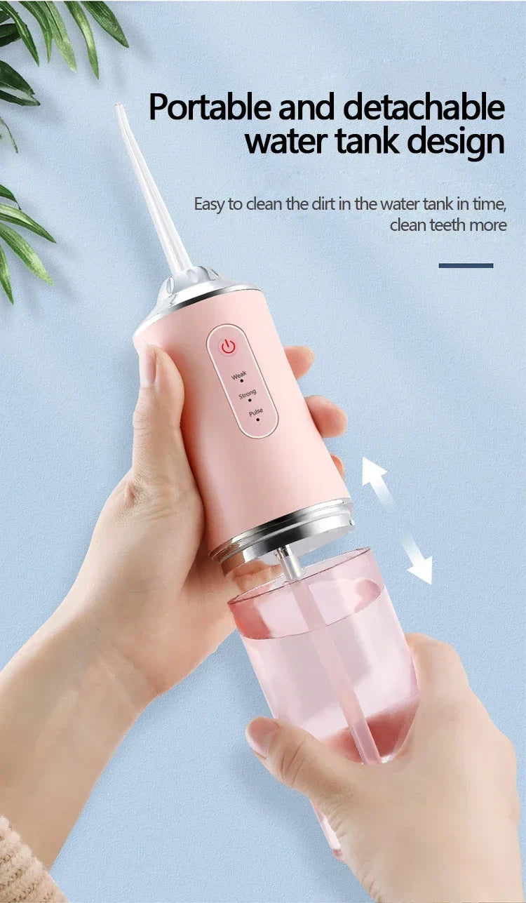 Mivoza portable water flosser with four cleaning heads and three modes, IPX7 waterproof design for oral health care.