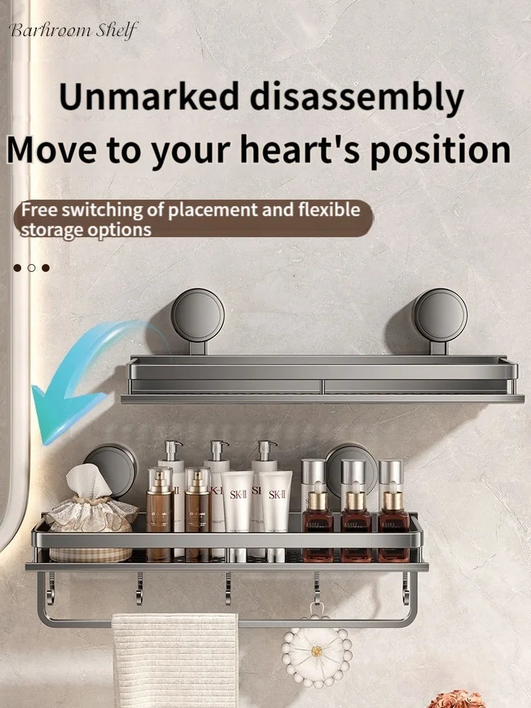 Mivoza suction cup bathroom shelf in three sizes, waterproof wall mount for shower storage, no drill needed, sleek and functional design.