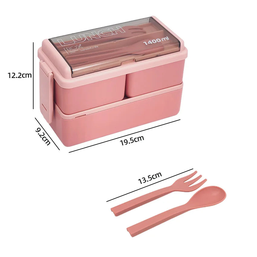 DecorsDeluxe 1400ml double layer bento lunch box with leak-proof design, included fork and spoon, suitable for meal prep and takeout.