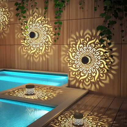 Mivoza solar decorative lantern with shadow pattern, weatherproof IP65 garden light, ideal for outdoor illumination and ambiance.