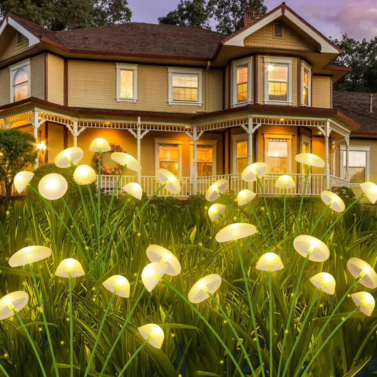 Set of 2 Mivoza solar mushroom garden stake lights with six swaying heads, decorative outdoor solar lighting for garden illumination.