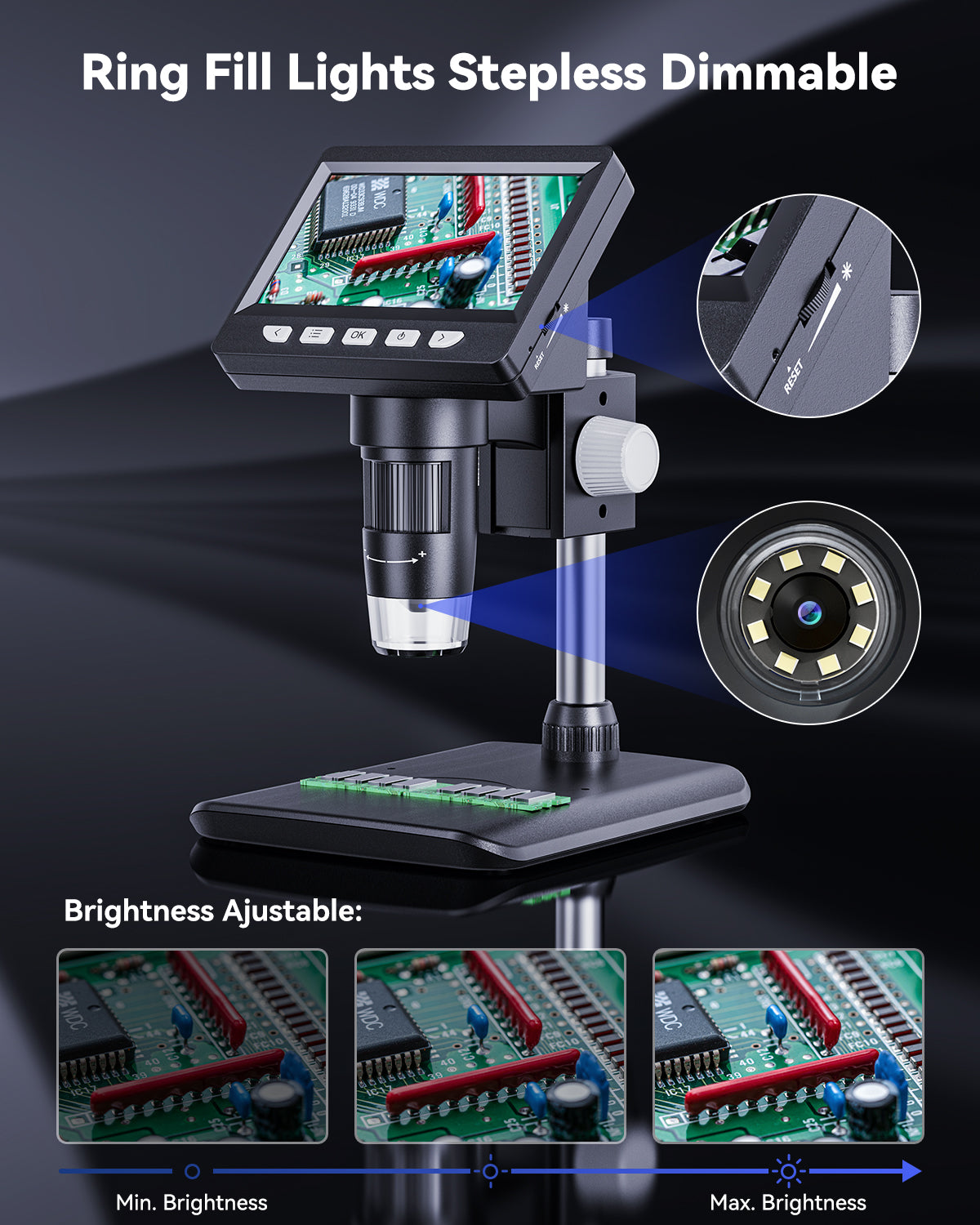 Belro 4.3-inch digital soldering microscope for electronics repair, featuring a clear display and precision optics.