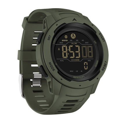 BowLift Military Pedometer Watch with waterproof digital display showing steps, distance, and outdoor activity tracking.