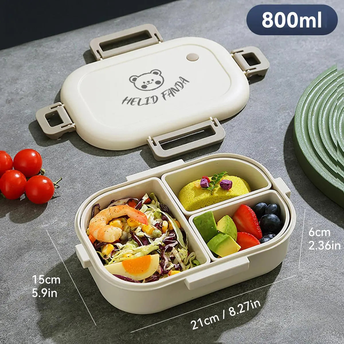 DecorsDeluxe 3-compartment bento lunch box, 800ml, leak-proof, microwave safe, with separate sections for food storage.