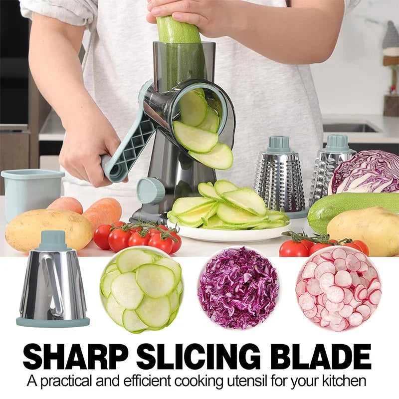 Mivoza rotary cheese grater with three interchangeable drums and easy-to-clean design, ideal for shredding cheese and vegetables in the kitchen.