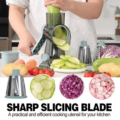 Mivoza rotary cheese grater with three interchangeable drums and easy-to-clean design, ideal for shredding cheese and vegetables in the kitchen.