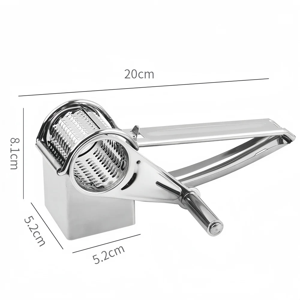Mivoza rotary cheese grater with stainless steel hand crank and easy-to-use kitchen shredder for grating cheese and vegetables.