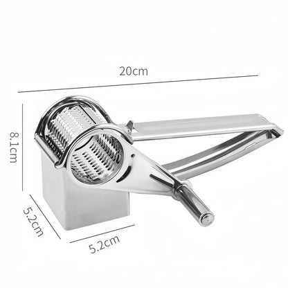 Mivoza rotary cheese grater with stainless steel hand crank and easy-to-use kitchen shredder for grating cheese and vegetables.