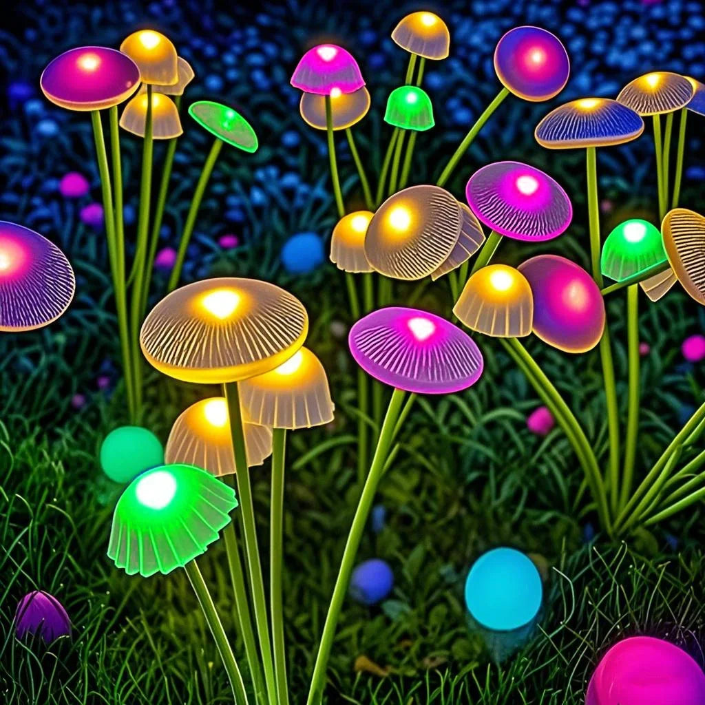 Pair of Mivoza solar mushroom garden stake lights with six swaying heads, decorative outdoor solar lighting for garden decor.