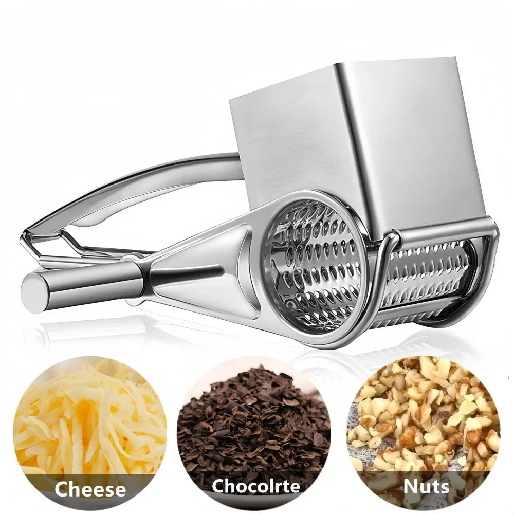Mivoza stainless steel rotary cheese grater with hand crank and ergonomic handle for easy shredding in the kitchen.