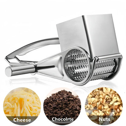 Mivoza stainless steel rotary cheese grater with hand crank and ergonomic handle for easy shredding in the kitchen.