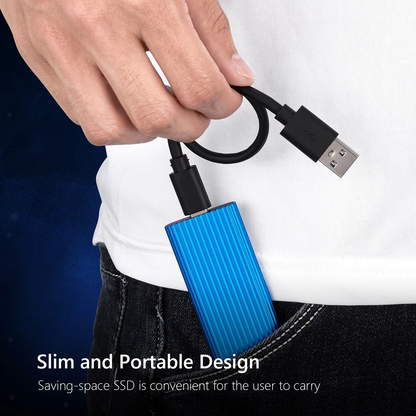BowLift Ultra-Fast Portable SSD USB 3.1 solid state drive with compact design, shown connected to a laptop.
