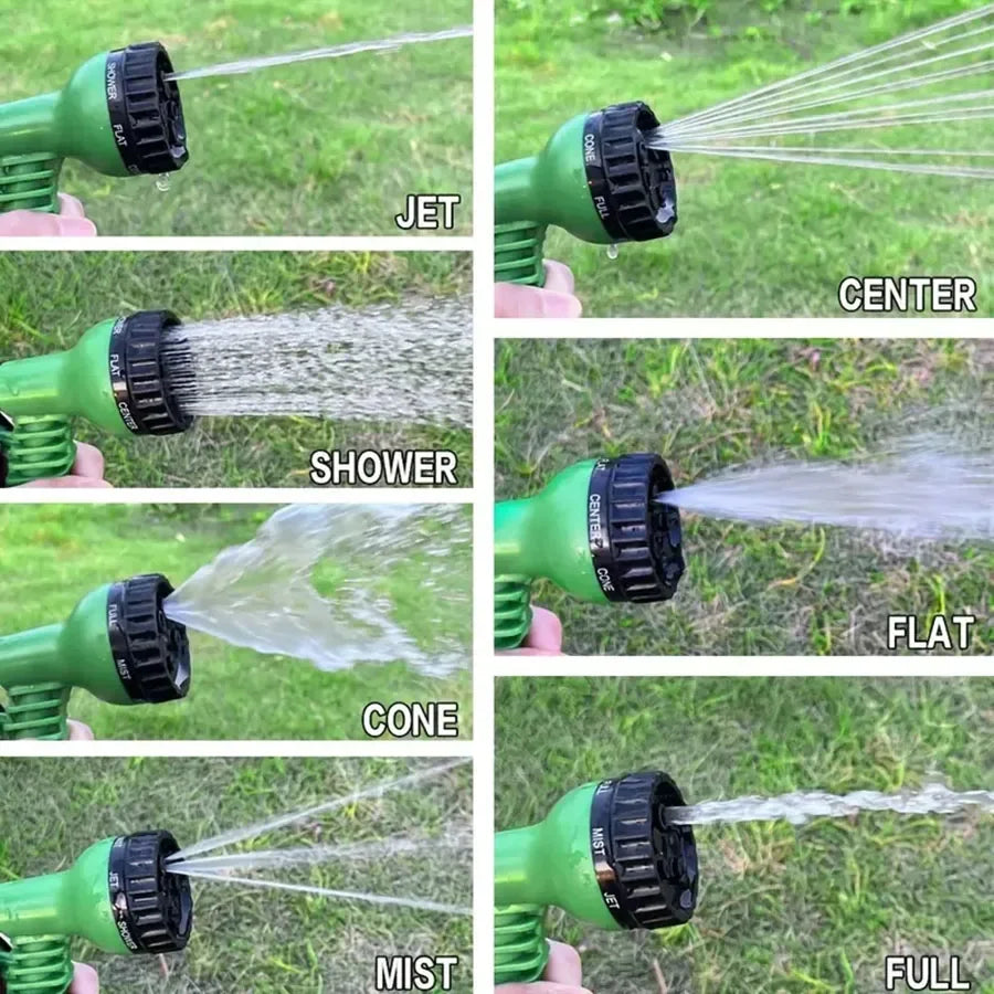 Mivoza expandable garden hose with 7-function spray gun, lightweight, flexible, and expands up to 3 times for efficient watering.