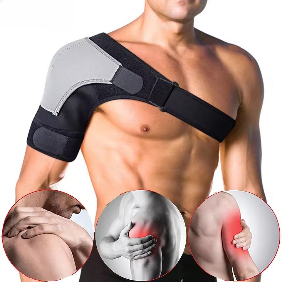Belro shoulder brace for support and stability, shown on a model's shoulder in a health and beauty setting.