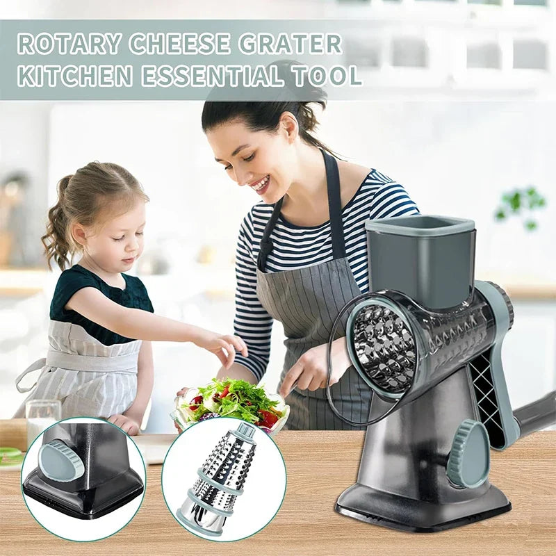 Mivoza rotary cheese grater with three interchangeable drums and easy-to-clean design, perfect for shredding cheese and vegetables.