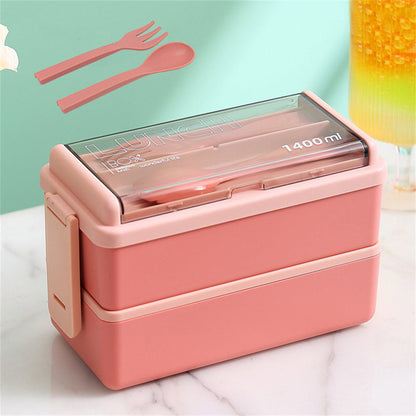 DecorsDeluxe 1400ml double layer bento lunch box with leak-proof design, fork, and spoon, shown with compartments and secure lid.