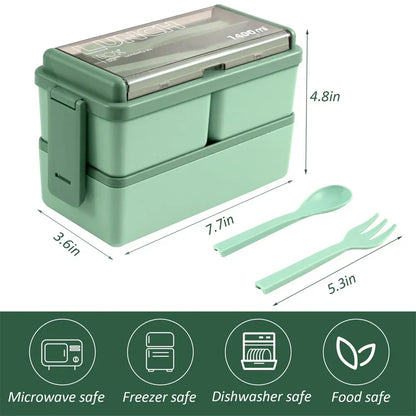 DecorsDeluxe 1400ml double layer bento lunch box with leak-proof design, includes fork and spoon for packed meals