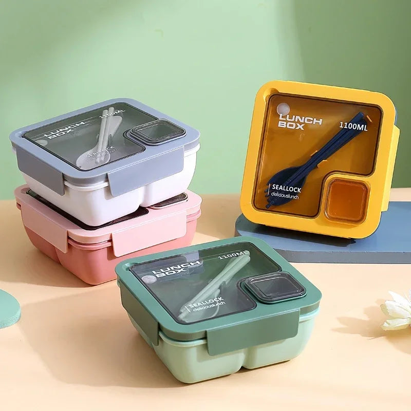 DecorsDeluxe bento lunch box with leak-proof design, built-in cutlery, microwave and dishwasher safe, ideal for packed meals.