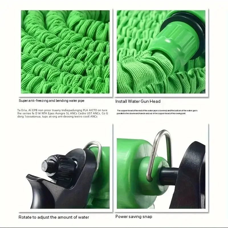 Mivoza expandable garden hose with 7-function spray gun, lightweight, flexible, and expands up to 3 times its length for watering.