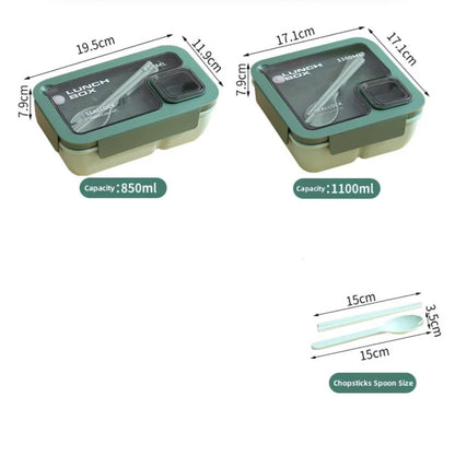 DecorsDeluxe leak-proof bento lunch box with cutlery, microwave and dishwasher safe, showing the container with utensils inside.