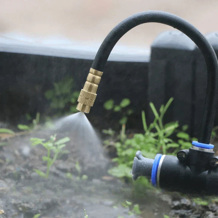 Mivoza outdoor garden irrigation system with 360° spray nozzles, automatic watering, no power needed, perfect for balcony and garden watering.