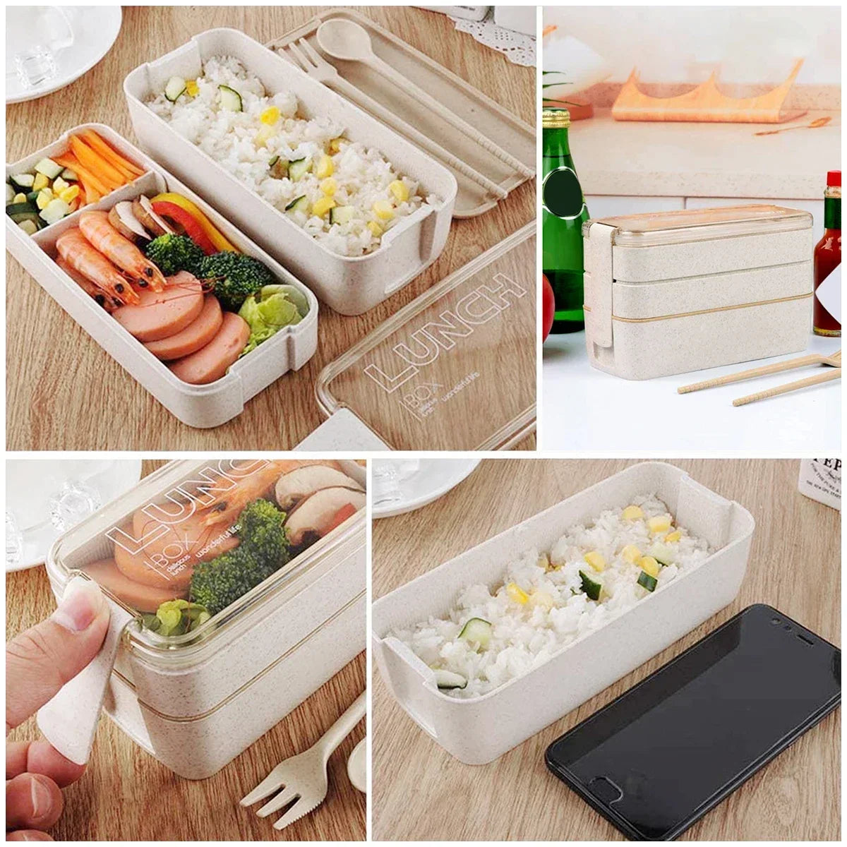 DecorsDeluxe 3-tier wheat straw Bento lunch box with leak-proof design, 900ml capacity, including utensils for easy packing.