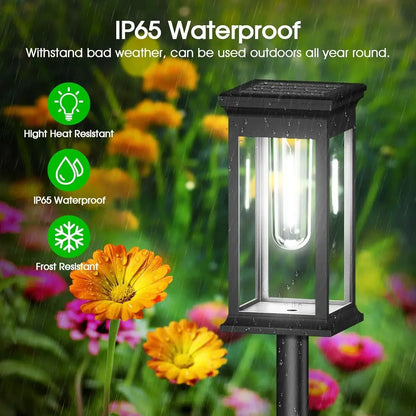 Set of two Mivoza solar pathway lanterns with filament look, auto on/off, designed for garden lighting and pathway illumination.