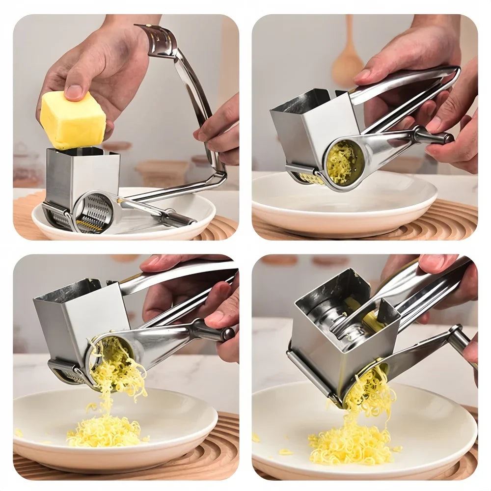 Mivoza rotary cheese grater with stainless steel hand crank and ergonomic handle for easy shredding of cheese and vegetables.
