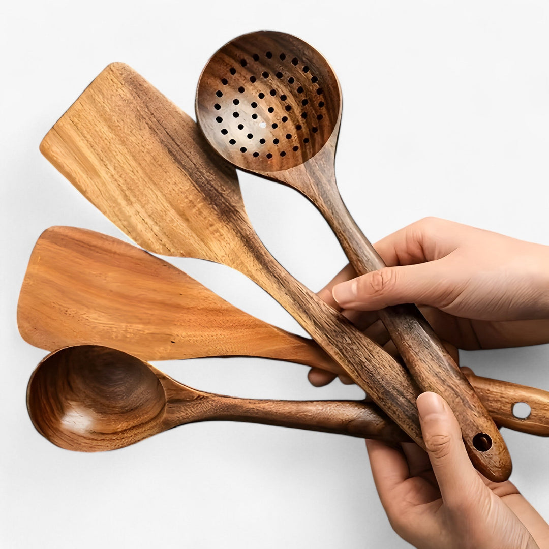 Mivoza 11-piece wooden kitchen utensil set with whisk and holder, including spoons, spatulas, and tongs for cooking and baking.