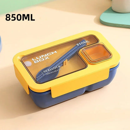 DecorsDeluxe bento lunch box with leak-proof lid, cutlery, microwave and dishwasher safe, featuring multiple compartments for meals.