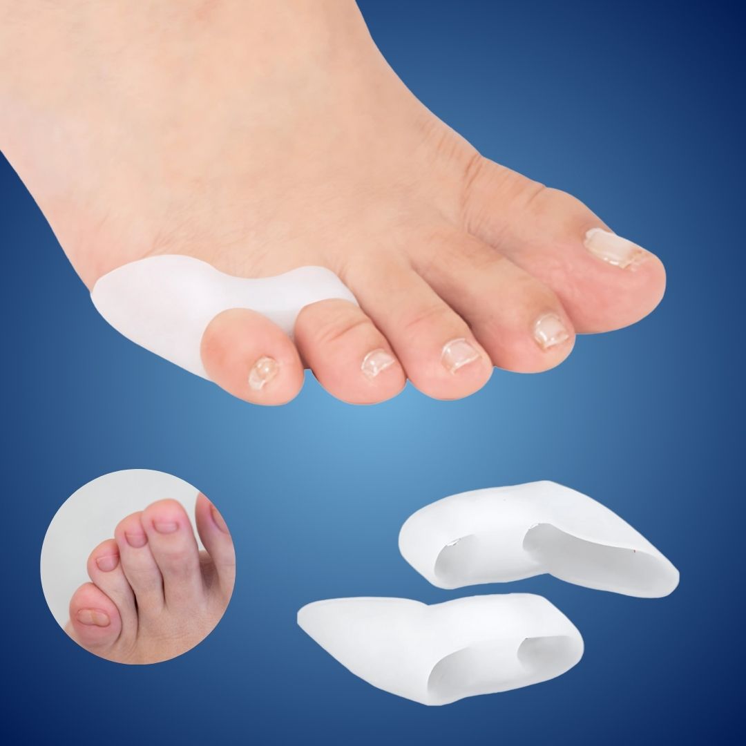 Bowlift orthopedic toe spacers for bunion correction, toe alignment, and pain relief, shown on a foot for bunions and hammertoes.
