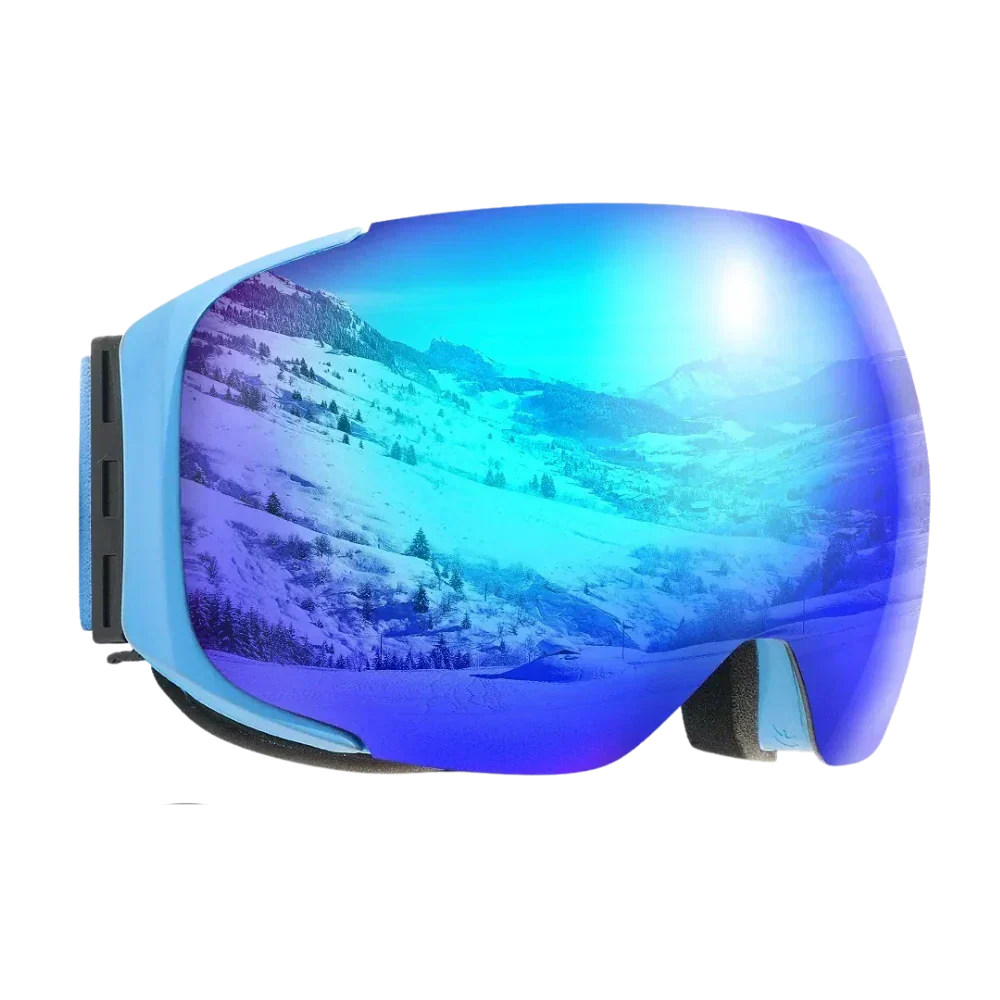 Blue Belro snow goggles with lens bundle, designed for winter sports and outdoor activities, featuring adjustable straps and clear lenses.